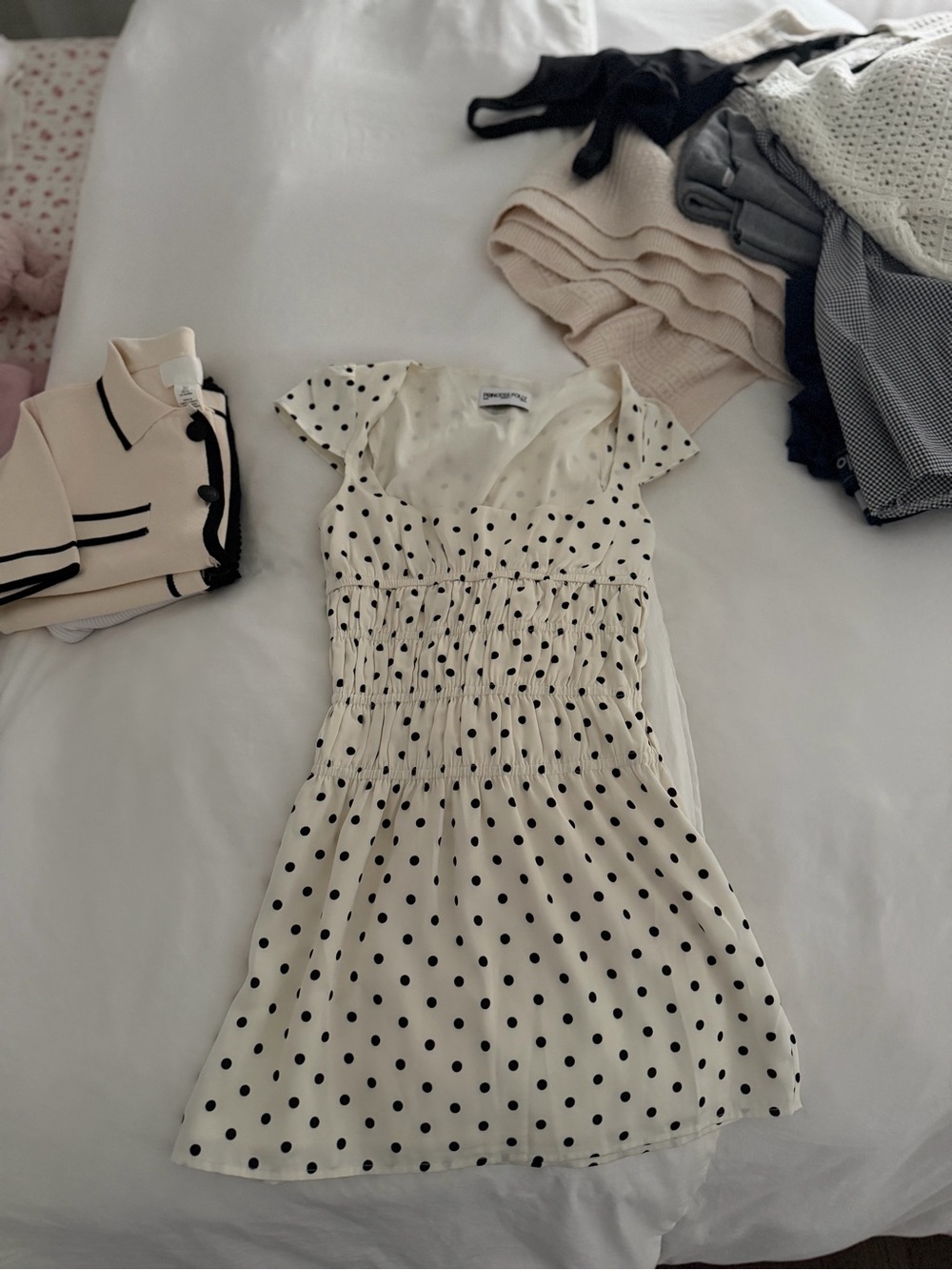 Princess Polly Cream Mini Dress with Black Polka Dots